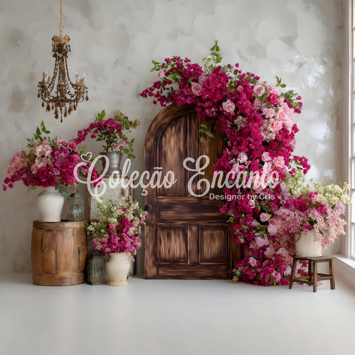 Fotohintergrund für den Muttertag Bougainvillea-Türrahmen Blumiger Hintergrund für den Muttertag von Magali