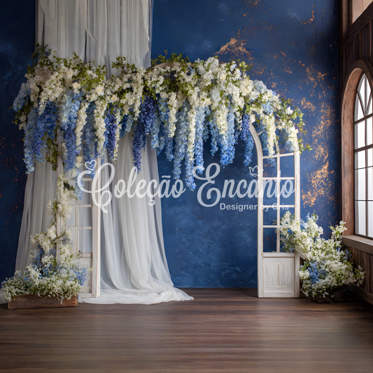 Hintergrund für den Muttertag Blauer Blumenbogen-Arrangement-Fotohintergrund für den Muttertag von Magali