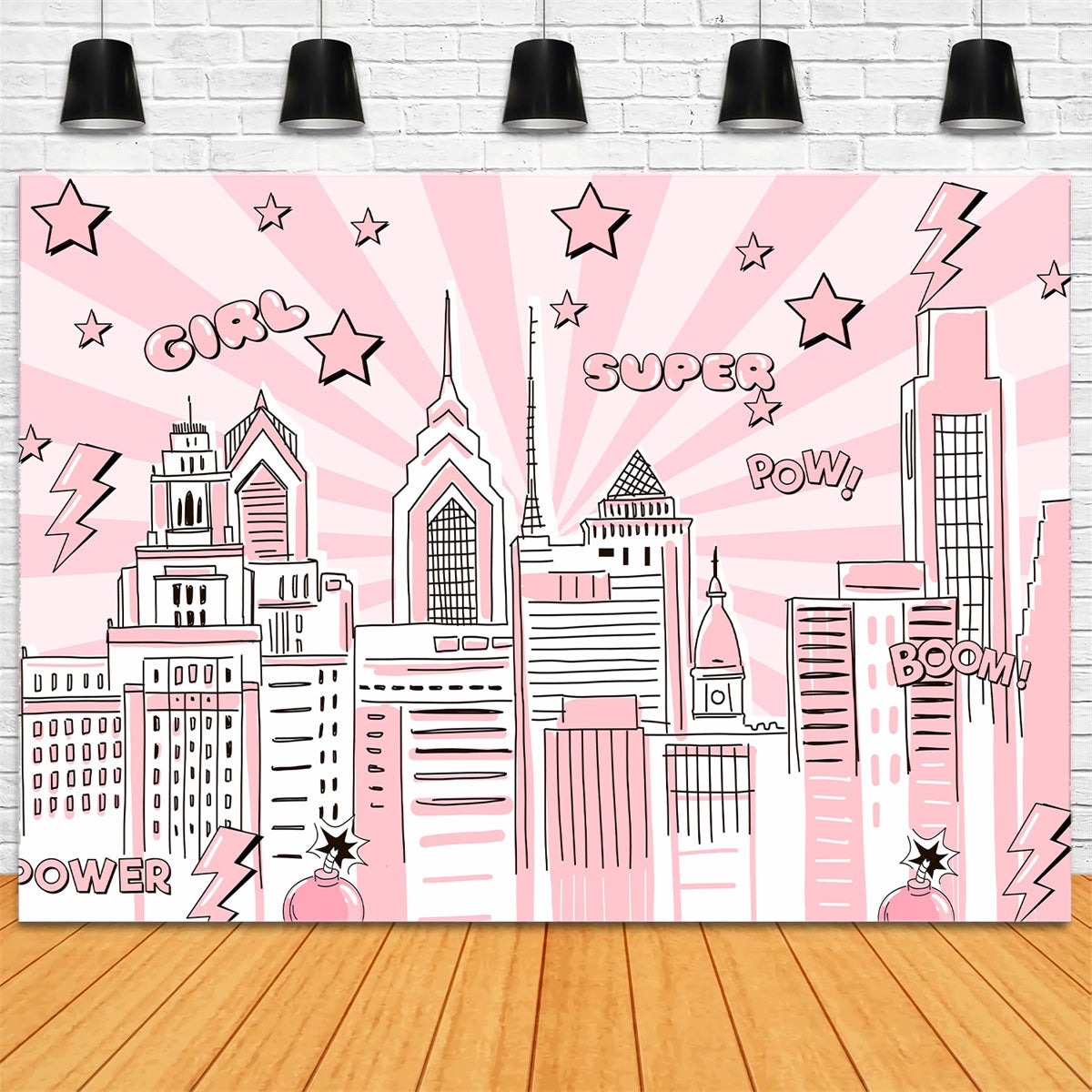 Kinder-Hintergründe Rosa Comic-Stadt Power Burst Neugeborenen-Fotohintergrund von Magali