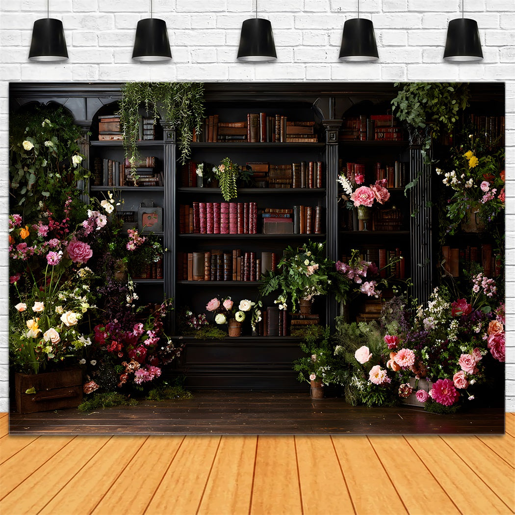 Hintergrund für Muttertagsfotos Bibliothek voller Blumen Vintage-Charme Hintergrund für Fotokabine zum Muttertag von Magali