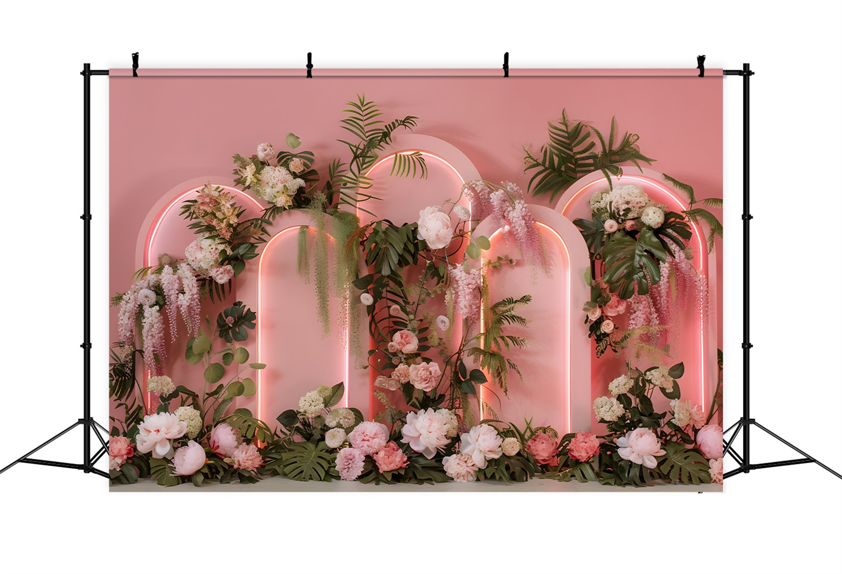 Hintergrunddesign für den Muttertag Neonbögen Tropische Blumen Fotohintergrund für den Muttertag von Magali