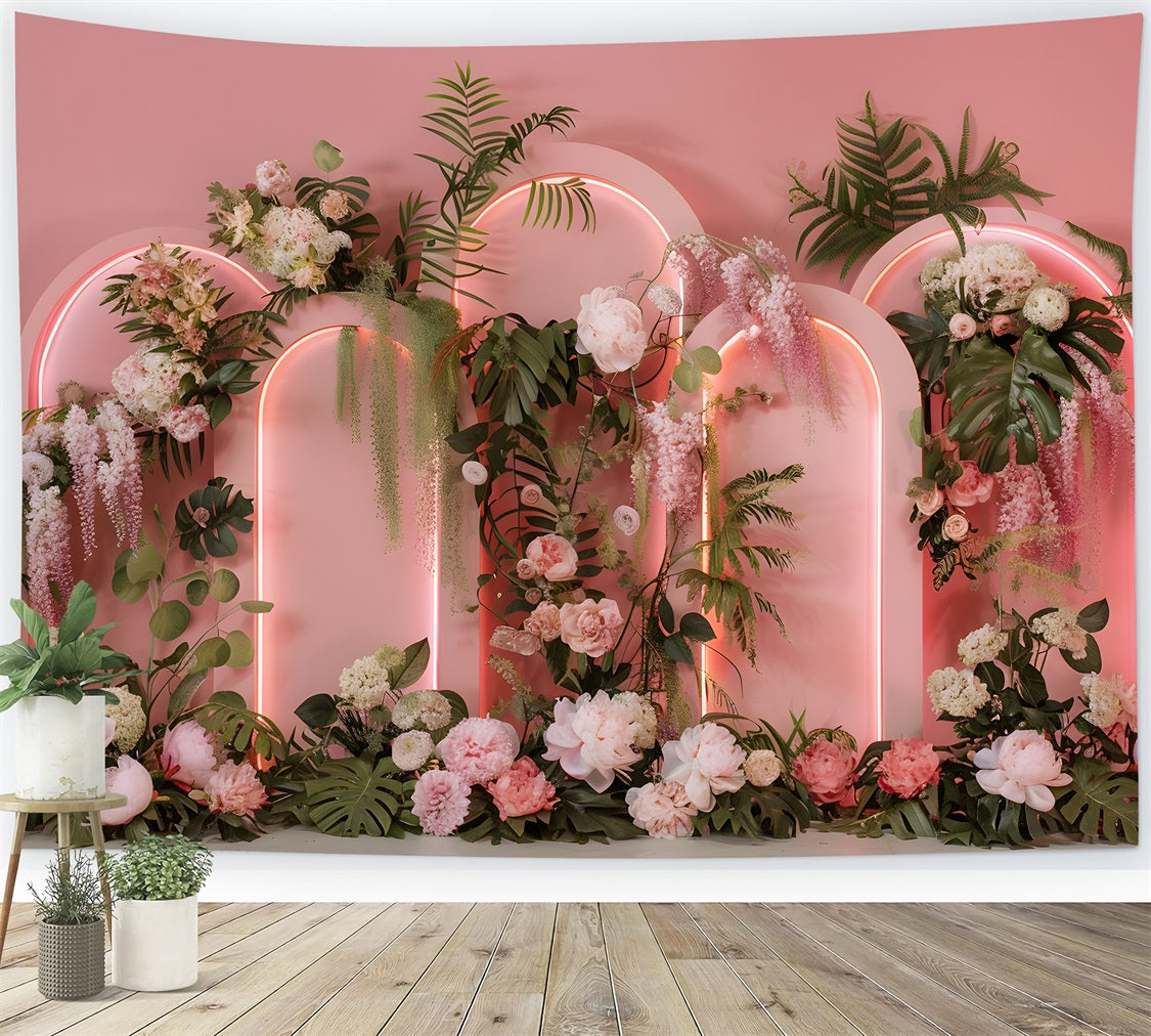 Hintergrunddesign für den Muttertag Neonbögen Tropische Blumen Fotohintergrund für den Muttertag von Magali