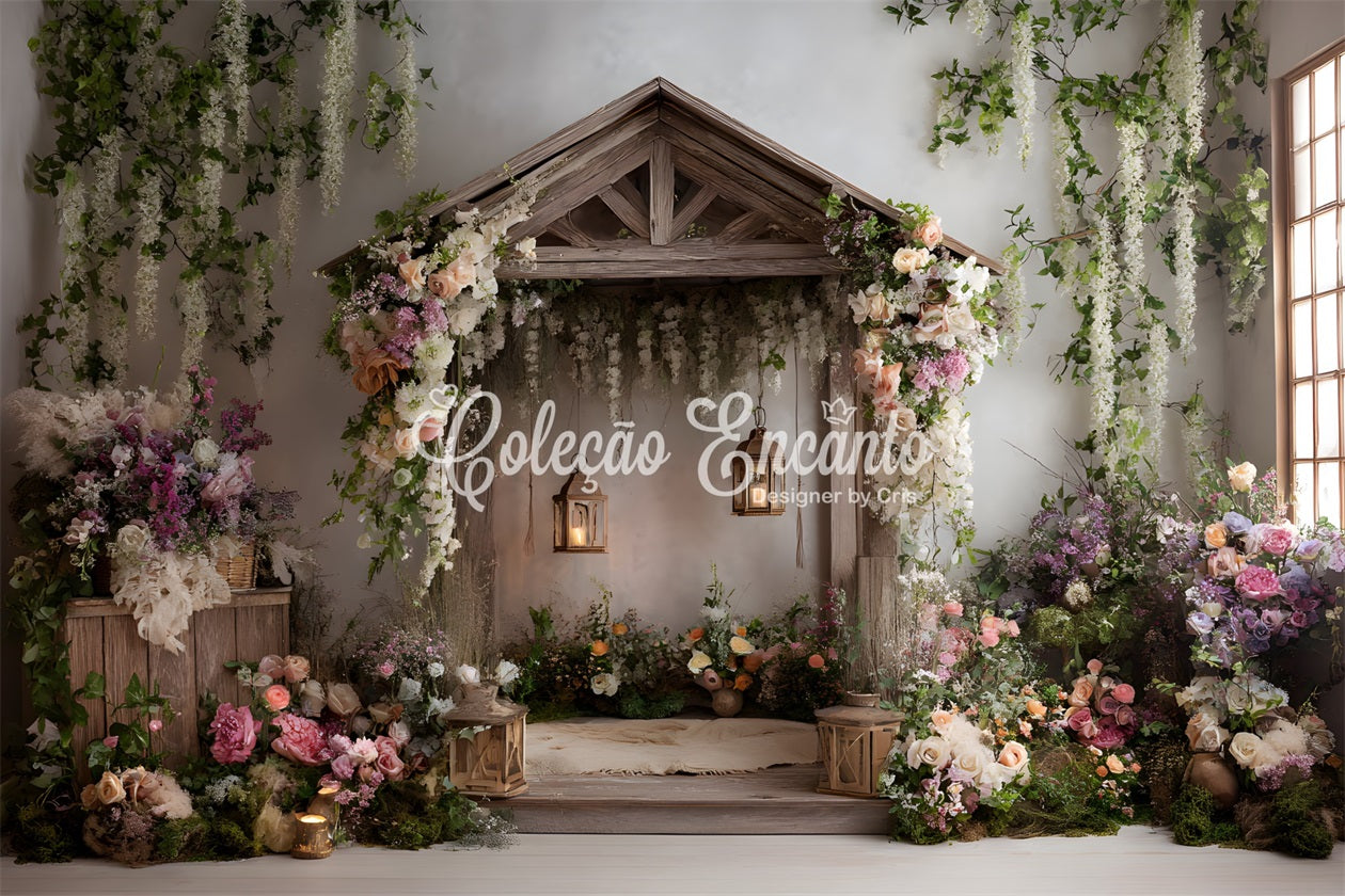 Hintergrunddesign für den Muttertag Rustikaler Holzpavillon Blumen Einfacher Hintergrund für den Muttertag von Magali