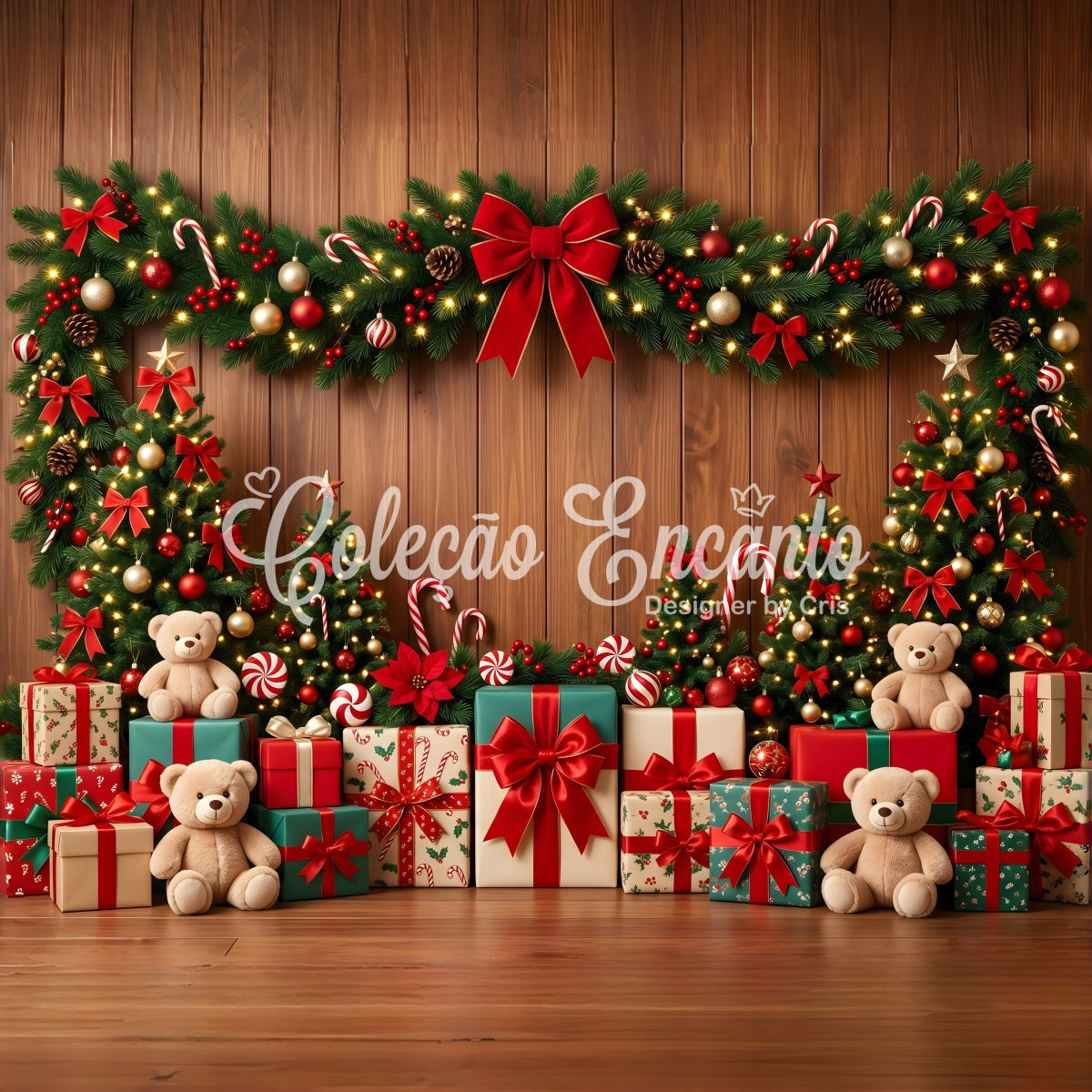 Festlicher Fotohintergrund Zuckerstange Teddy Geschenk Girlande Szene CEM65-103