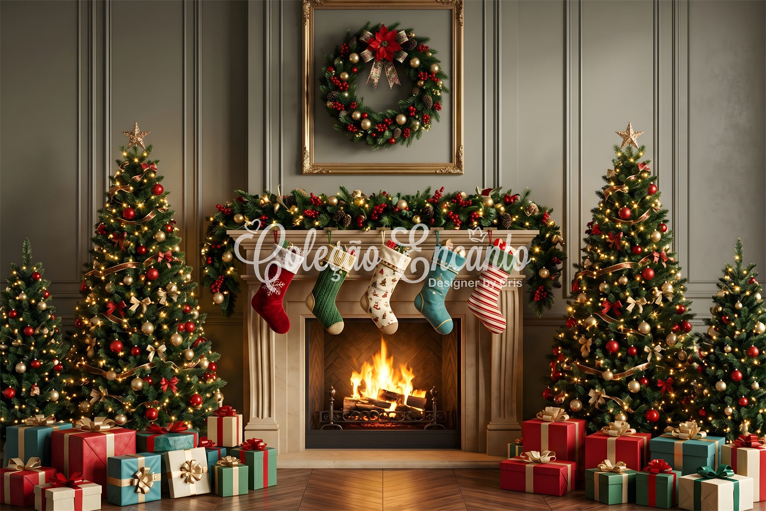 Gemütlicher Wohnzimmer Kamin Szene Stockings Baum Winter CEM65-109