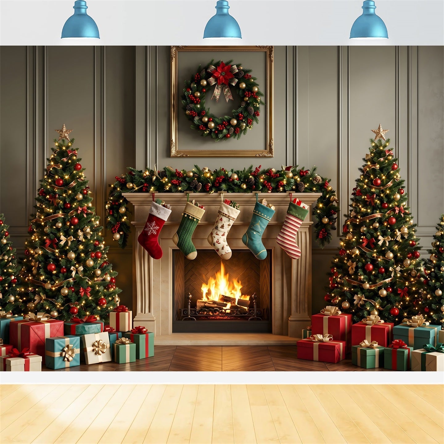 Gemütlicher Wohnzimmer Kamin Szene Stockings Baum Winter CEM65-109