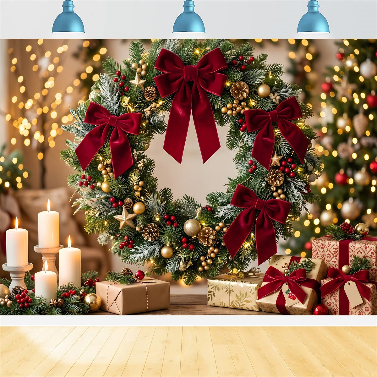 Festlicher Samt Hintergrund Schleife Kranz Kerzen warme Weihnachten CEM65-110