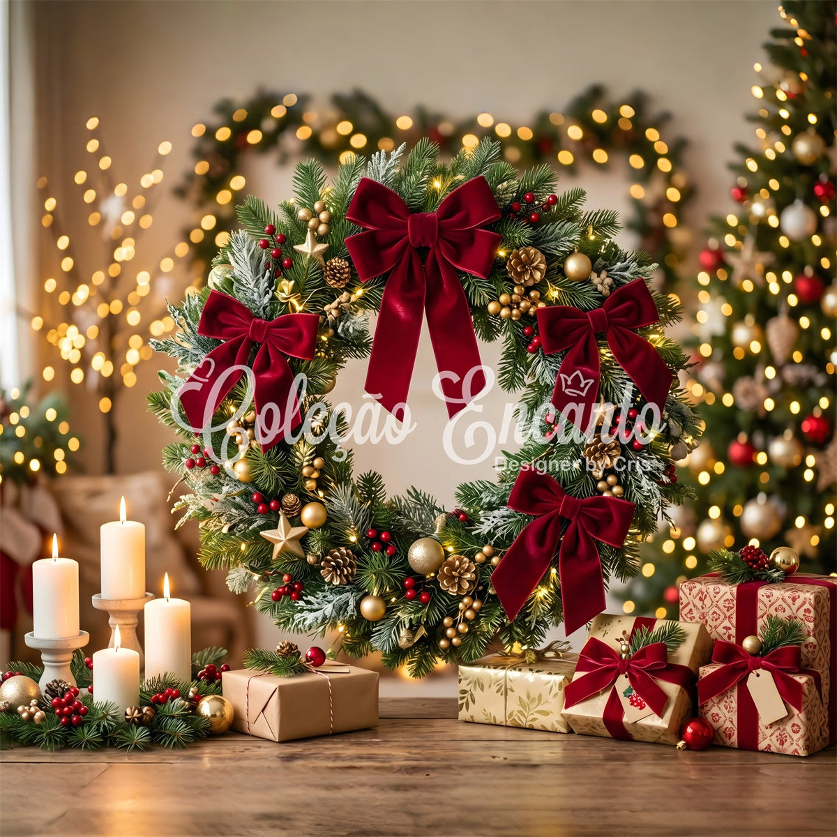 Festlicher Samt Hintergrund Schleife Kranz Kerzen warme Weihnachten CEM65-110