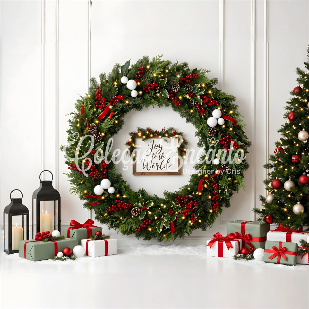 Winter Wand Szene Stechpalme Beeren Kranz Geschenke Laternen CEM65-111