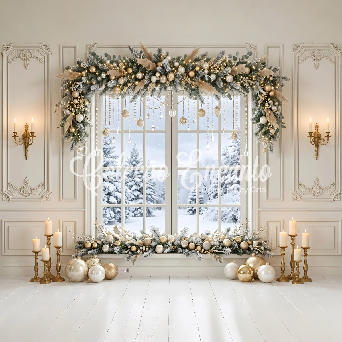 Luxus Winter Fenster Szene Gold Kristall Girlande Weihnachten CEM65-121