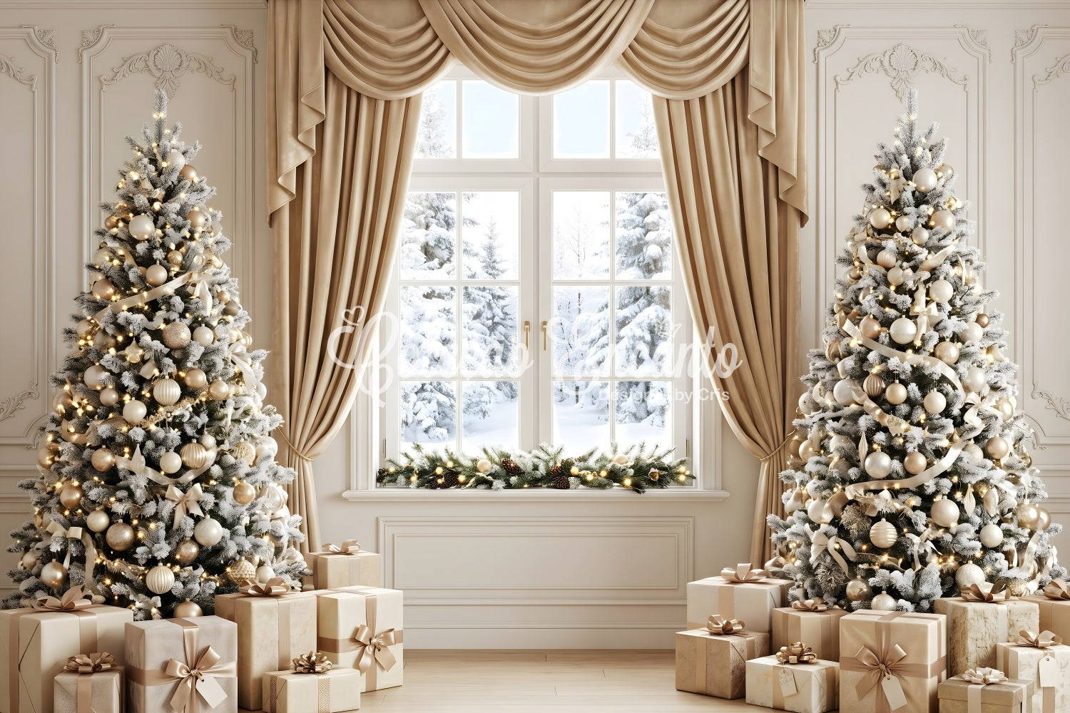 Champagner Fenster Szene Vorhang Frost Baum Licht Festtage CEM65-122