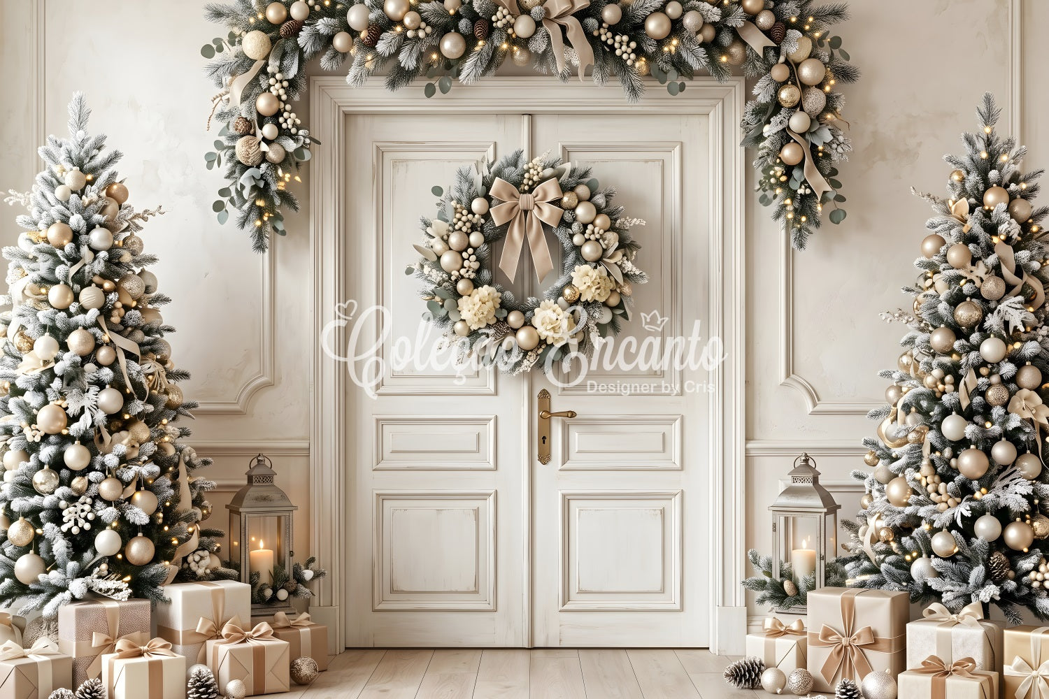Eleganter Tür Szene Gold Elfenbein Kranz Baum Weihnachten CEM65-130