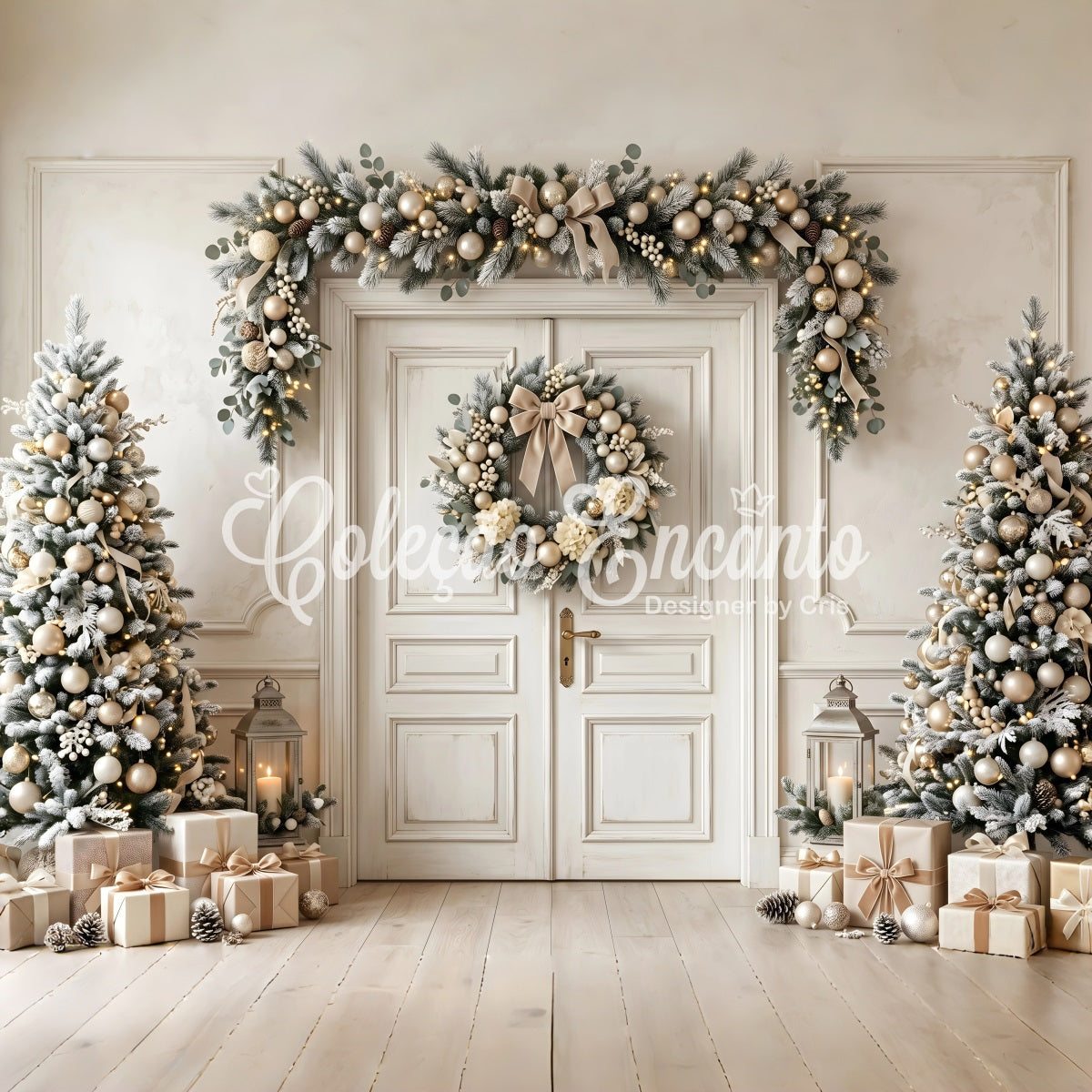 Eleganter Tür Szene Gold Elfenbein Kranz Baum Weihnachten CEM65-130