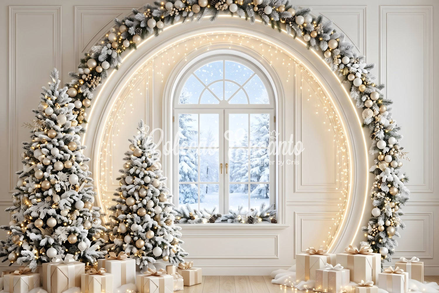 Festlicher Winter Fotohintergrund Elfenbein Gold Fensterbogen Tannenbäume Szene CEM65-133