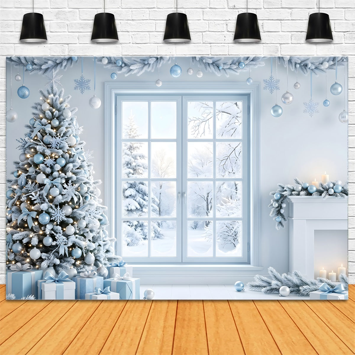 Winter Fotohintergrund eisblaues Fenster Baum Kamin Szene Fotografie CEM65-136