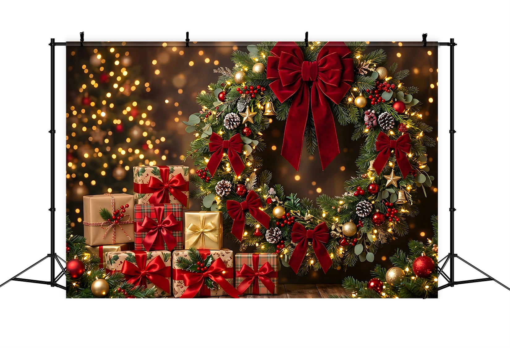 Festlicher Fotohintergrund Rote Schleife Kranz Geschenke Winter CEM65-143