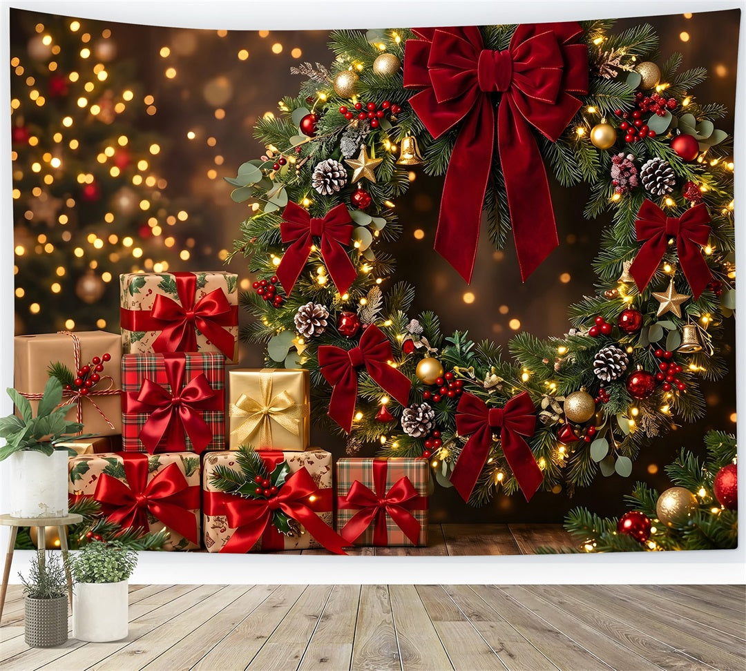Festlicher Fotohintergrund Rote Schleife Kranz Geschenke Winter CEM65-143