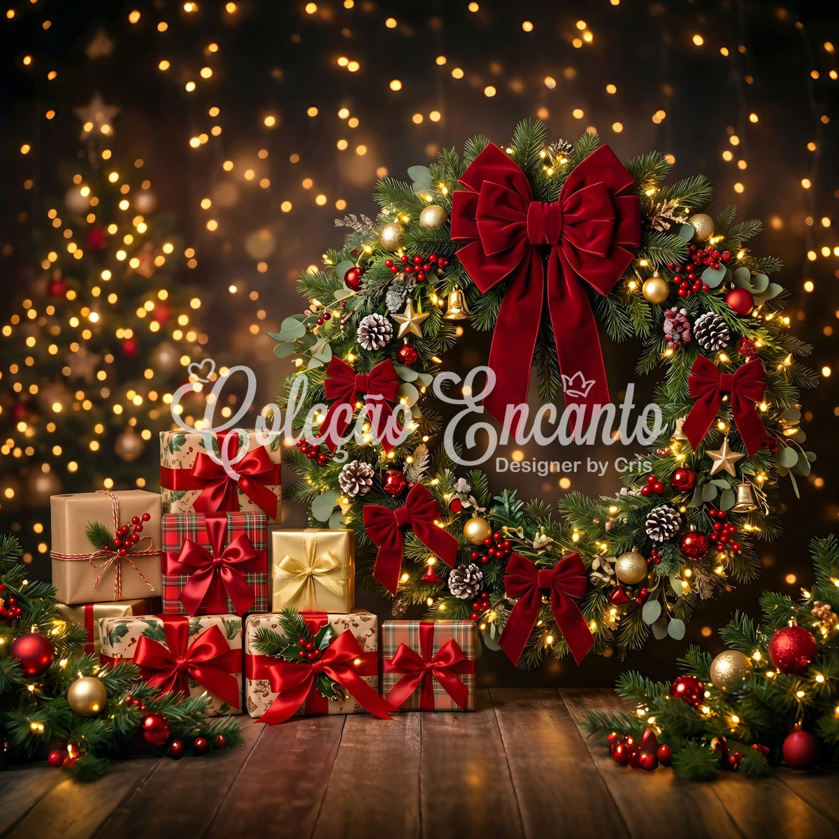 Festlicher Fotohintergrund Rote Schleife Kranz Geschenke Winter CEM65-143