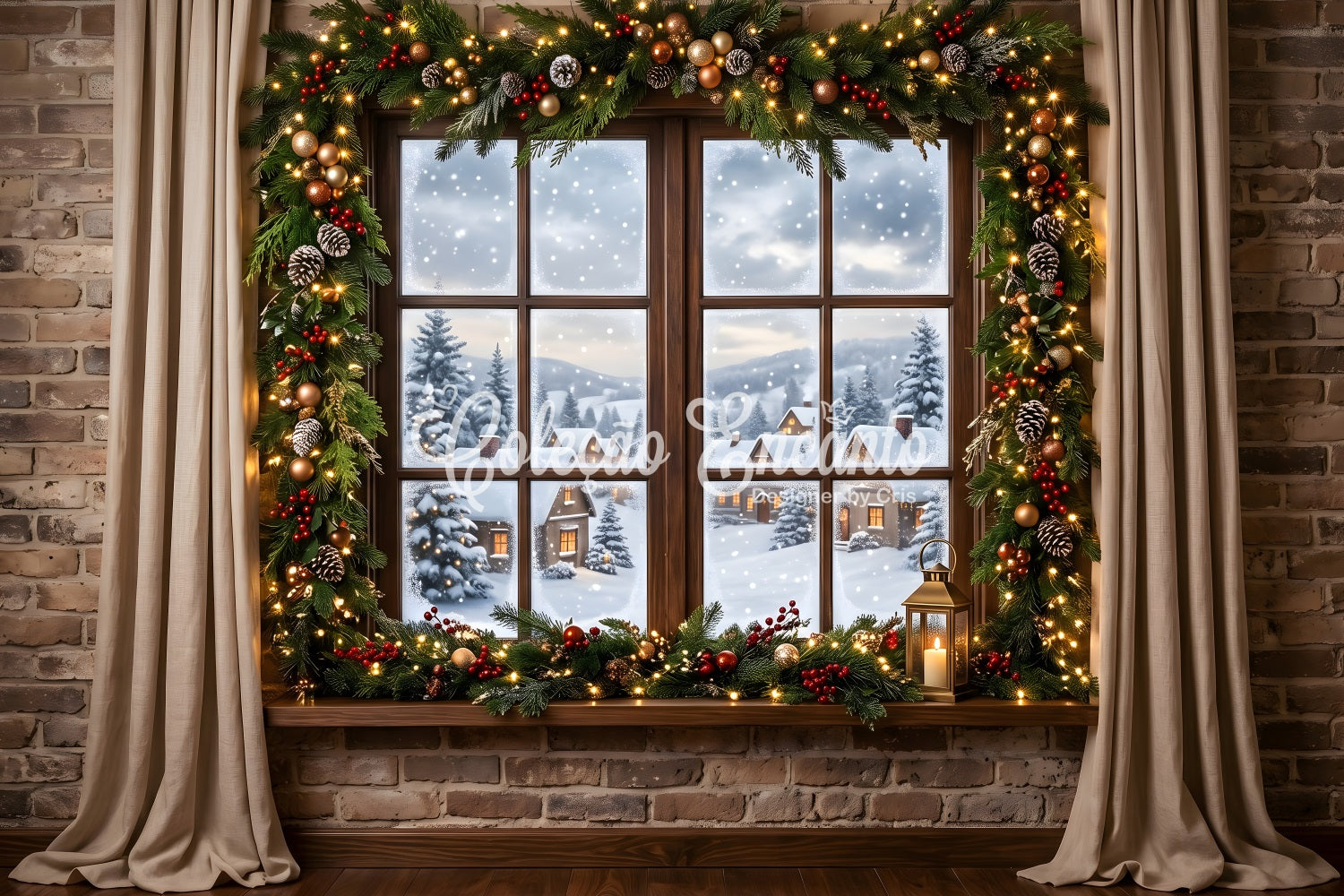 Winter Schnee Szene Dorf Fenster Girlande Laternen Studio CEM65-144