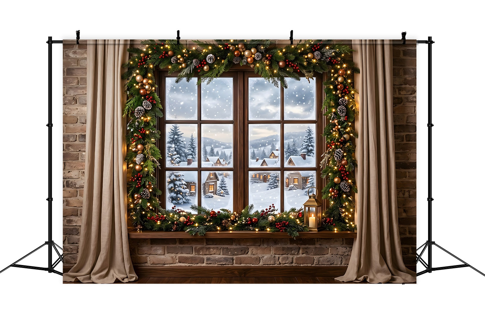 Winter Schnee Szene Dorf Fenster Girlande Laternen Studio CEM65-144