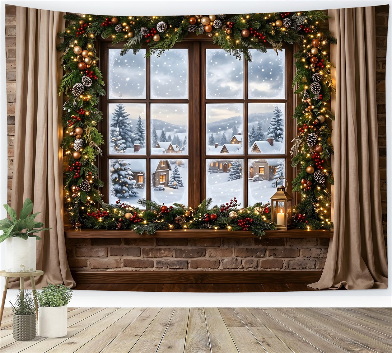 Winter Schnee Szene Dorf Fenster Girlande Laternen Studio CEM65-144