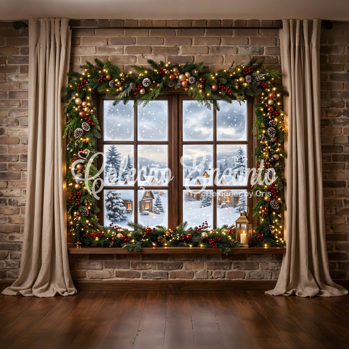 Winter Schnee Szene Dorf Fenster Girlande Laternen Studio CEM65-144