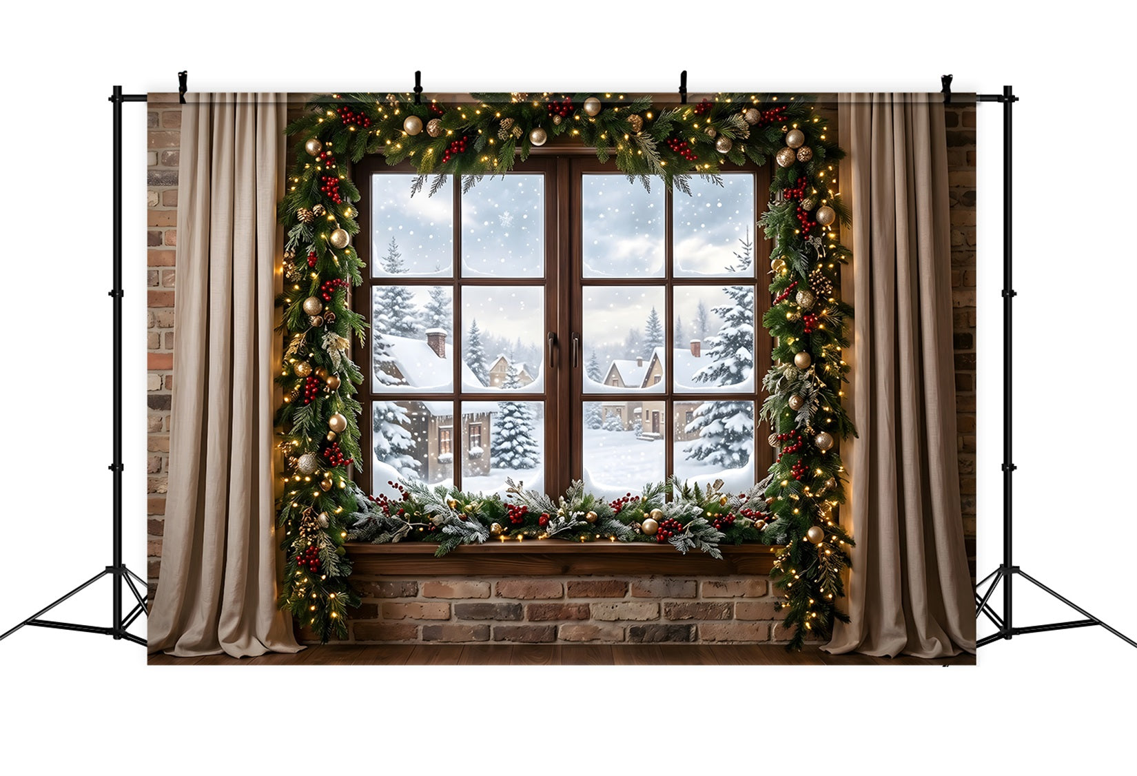 Winter Fenster Szene Schnee Dorf Girlande Vorhang Fotobox CEM65-146