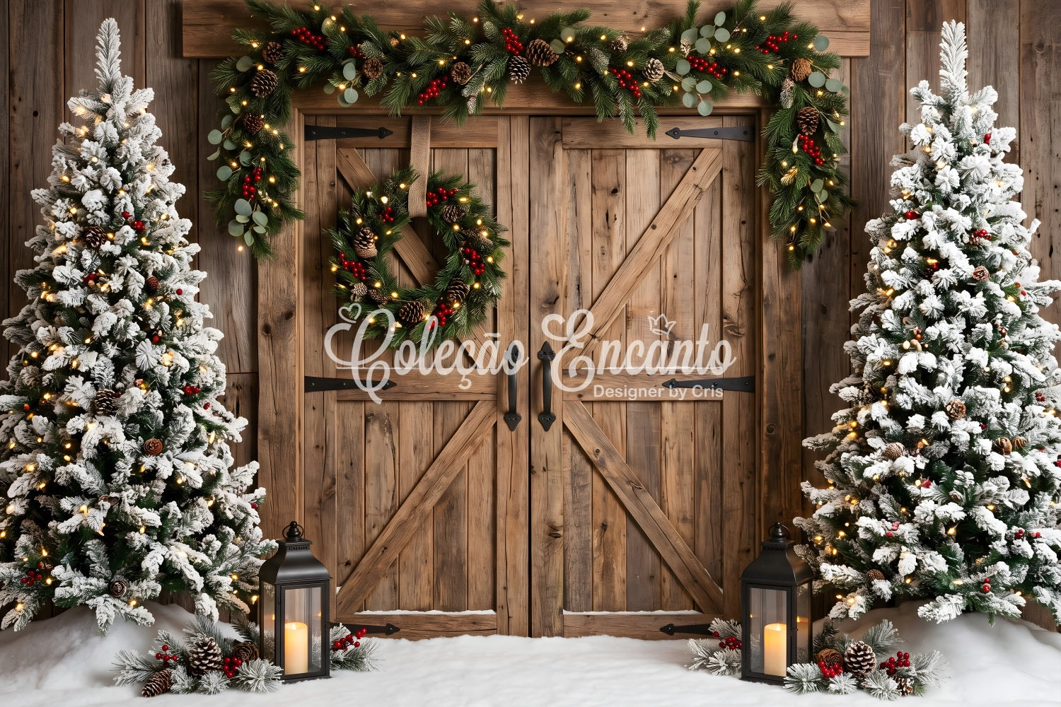 Rustikale Winter Szene Schnee Scheunentür Kranz Bäume Studio CEM65-149