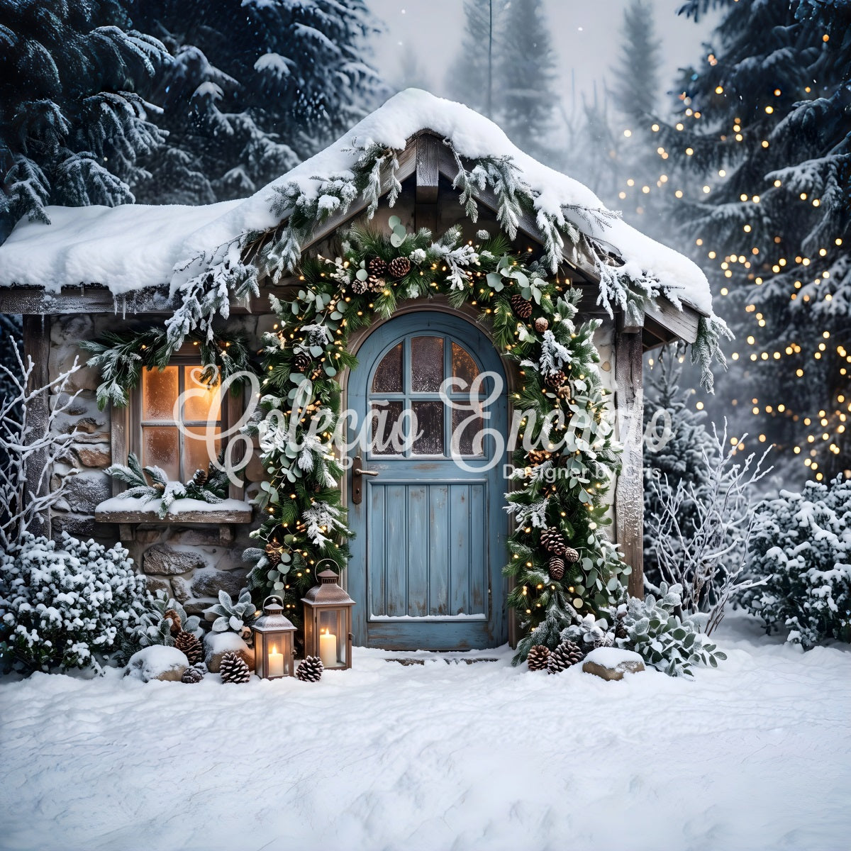 Gemütliche Winter Szene Schnee Hütte blaue Tür Girlande CEM65-155