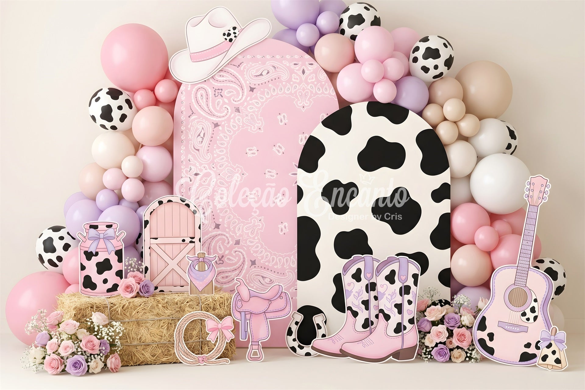 Rosa Cowgirl Kuhflecken Ballons Baby Fotohintergrund Kinder Hintergrund CEM65-16