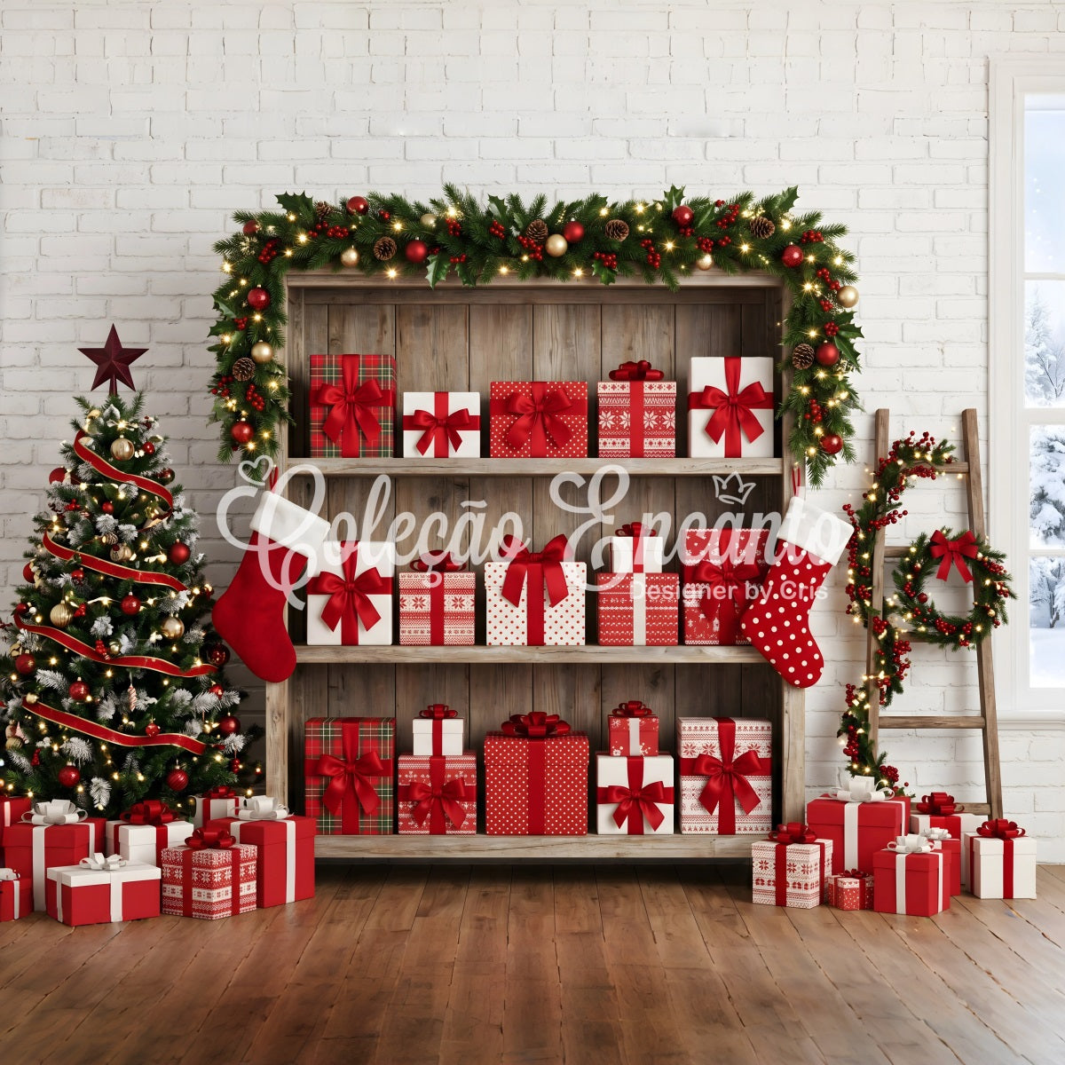 Festlicher Winter Fotohintergrund Geschenkregal Strumpf Display Szene Weihnachten CEM65-165