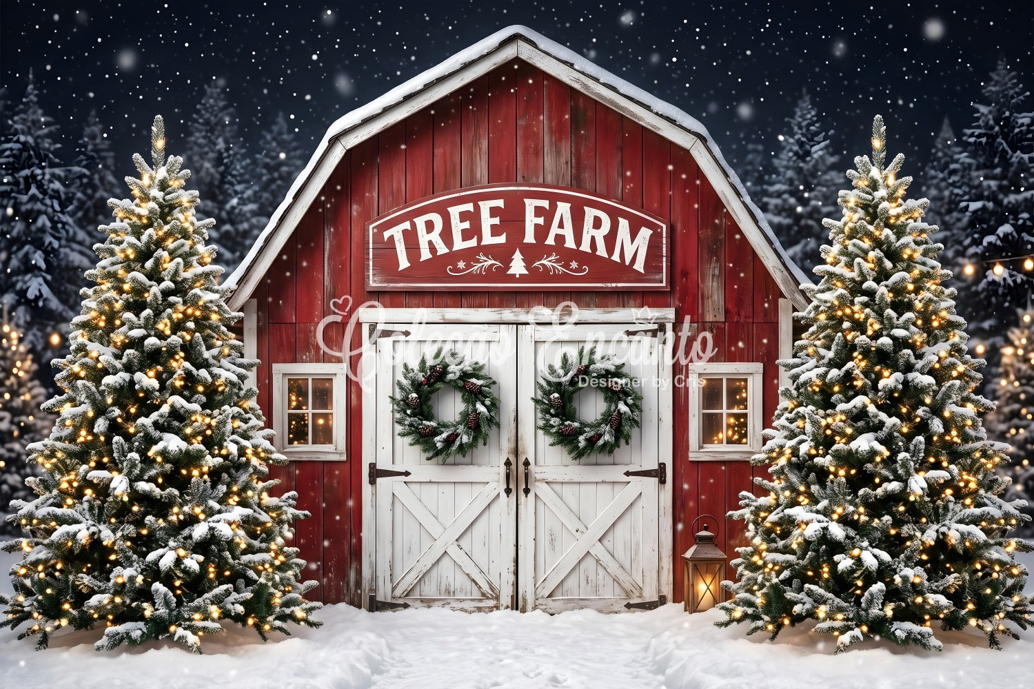 Schneefarm Szene Scheune Eingang Winter Bäume CEM65-166