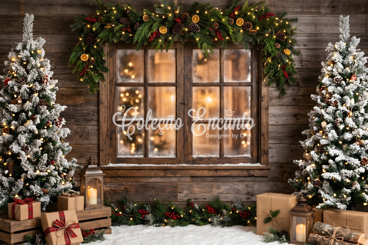 Winter Dorf Szene Fenster Girlande Bäume Frost CEM65-169