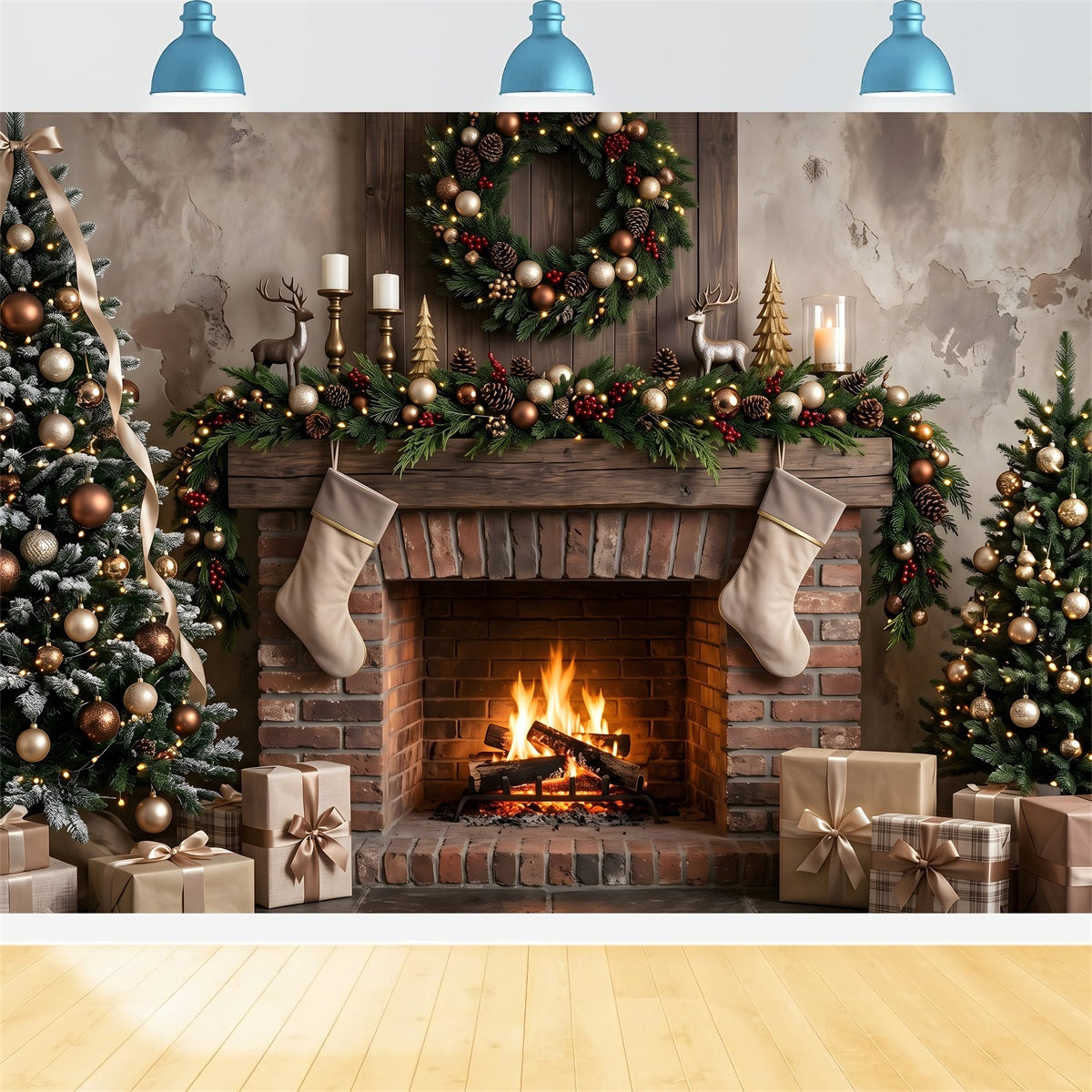 Kamin Szene Backstein neutral Strümpfe Bäume Winter CEM65-177