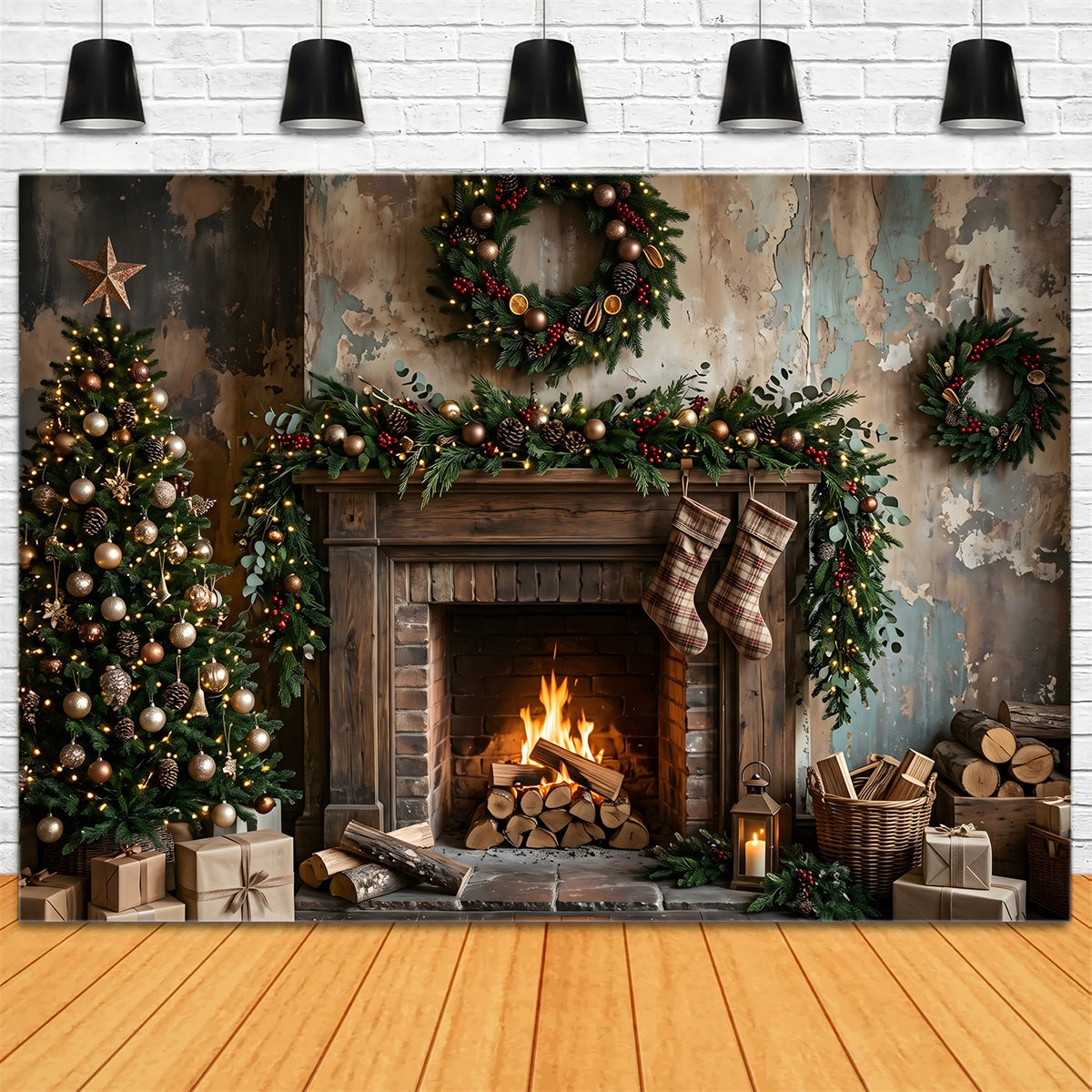 Rustikaler Winter Kamin Fotohintergrund Used Look Plaid Strümpfe Fotografie CEM65-181