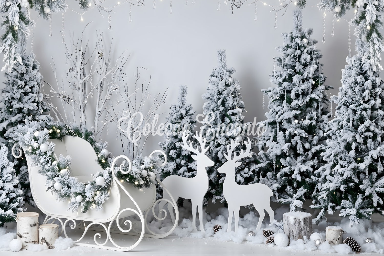 Winter Weiß Fotohintergrund Frost Schlitten Rentier Wald Szene Fotografie CEM65-190
