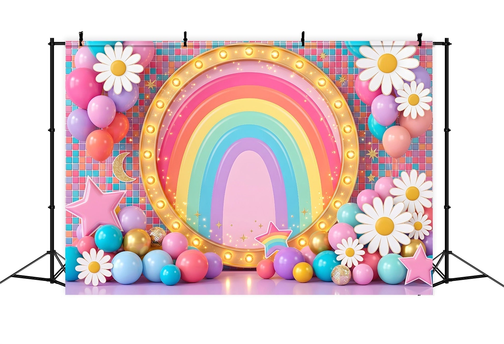 Regenbogen Leuchtschild Gänseblümchen Ballons Baby Fotohintergrund CEM65-20