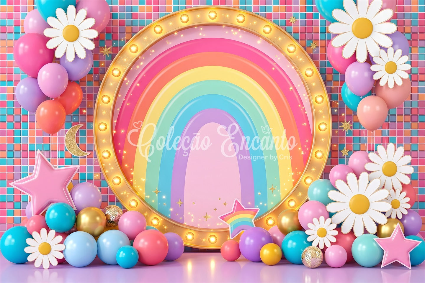 Regenbogen Leuchtschild Gänseblümchen Ballons Baby Fotohintergrund CEM65-20