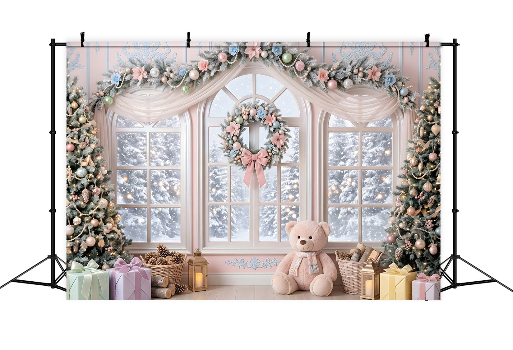 Pastell Fenster Szene Blumen Teddy rosa Winter CEM65-204