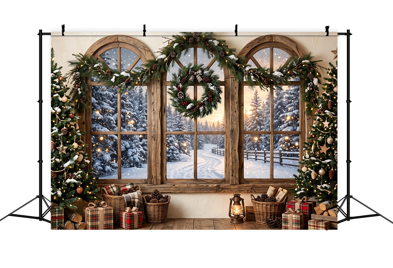 Rustikale Schnee Fenster Szene Kranz Winter CEM65-207
