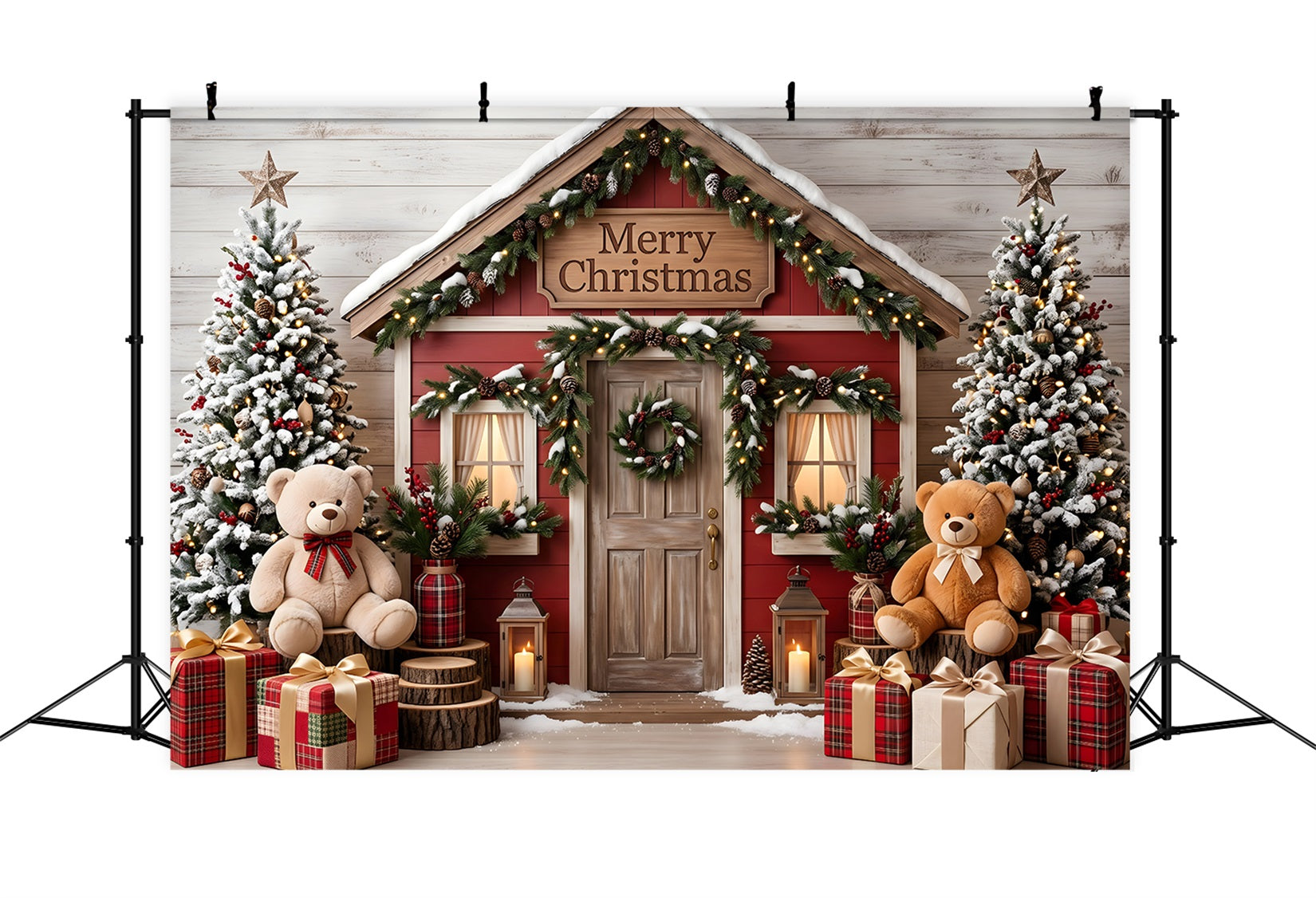 Festlicher Winter Fotohintergrund verschneite rote Hütte Teddy Fotobox Weihnachten Szene CEM65-210