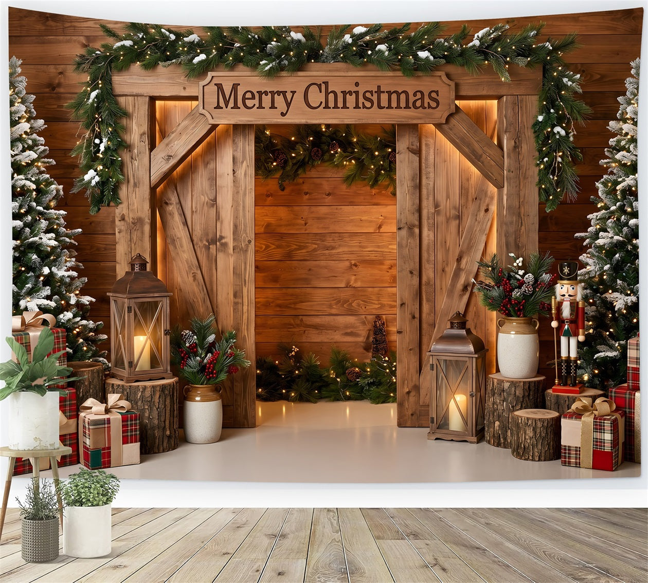 Festlicher Fotohintergrund rustikaler Scheunenbogen Nussknacker Winter Weihnachten Szene CEM65-211