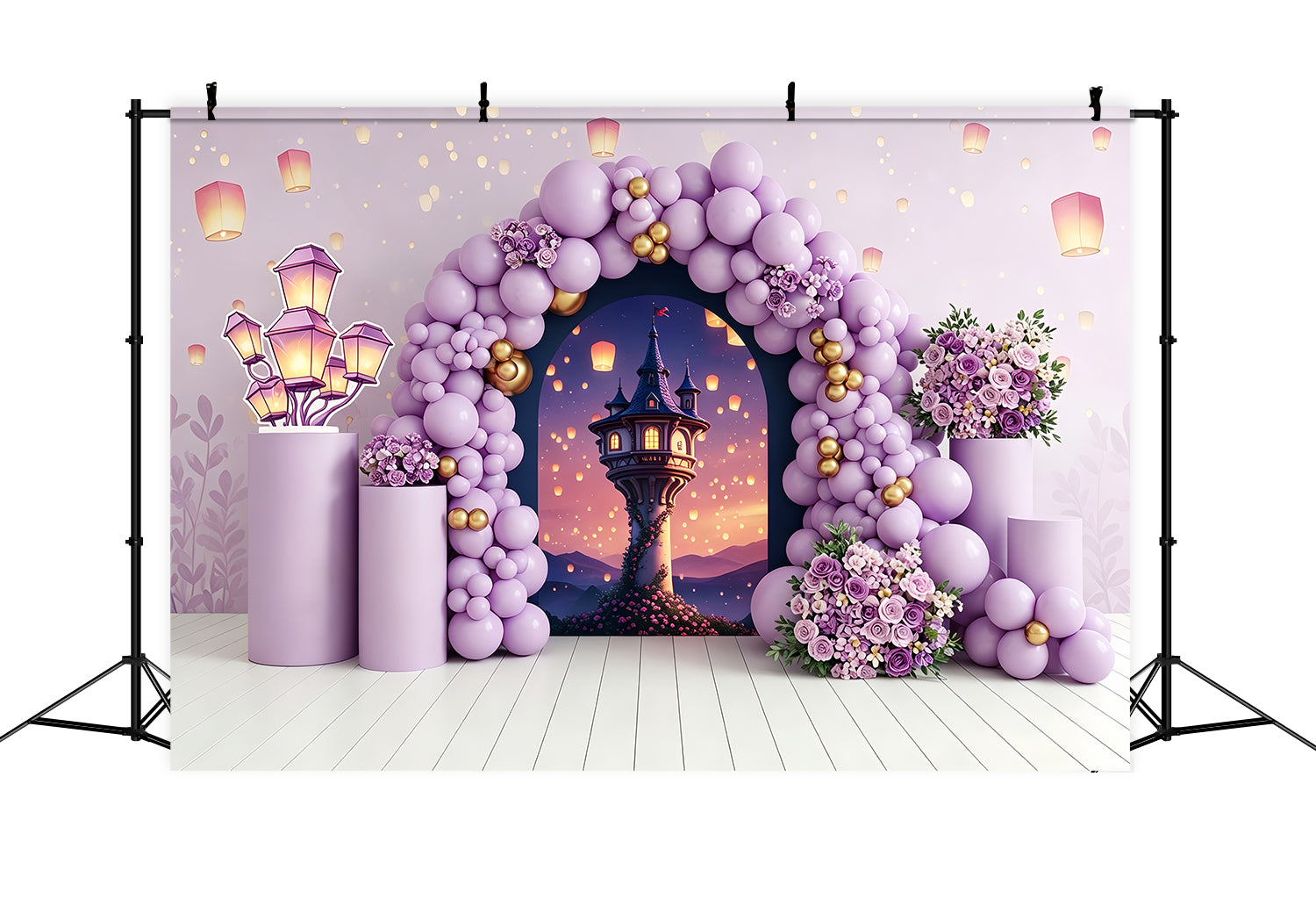 Baby Fotohintergrund Lavendel Laternen Turm Ballonbogen Kinder Hintergrund CEM65-212