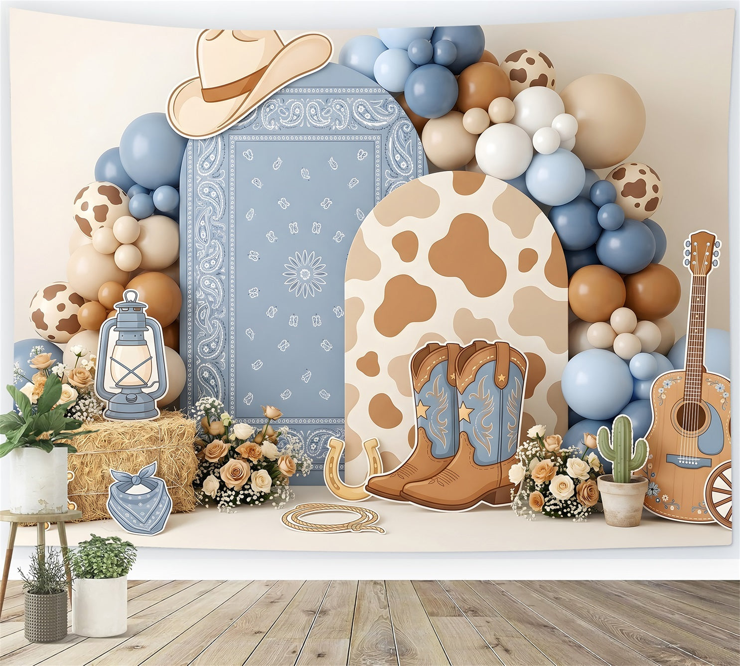 Blaue Cowgirl Western Ballons Baby Fotohintergrund Kinder Kulisse CEM65-24