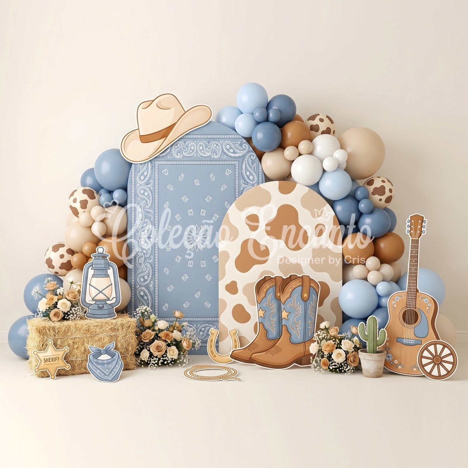 Blaue Cowgirl Western Ballons Baby Fotohintergrund Kinder Kulisse CEM65-24