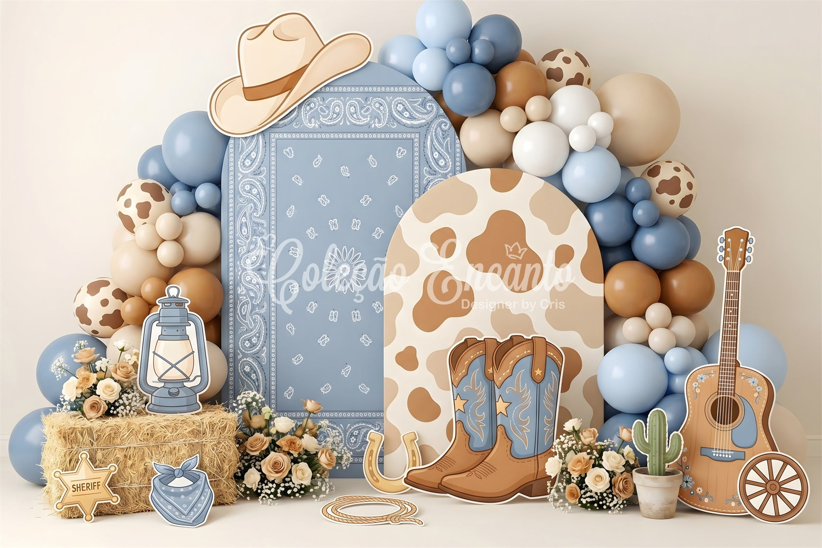 Blaue Cowgirl Western Ballons Baby Fotohintergrund Kinder Kulisse CEM65-24