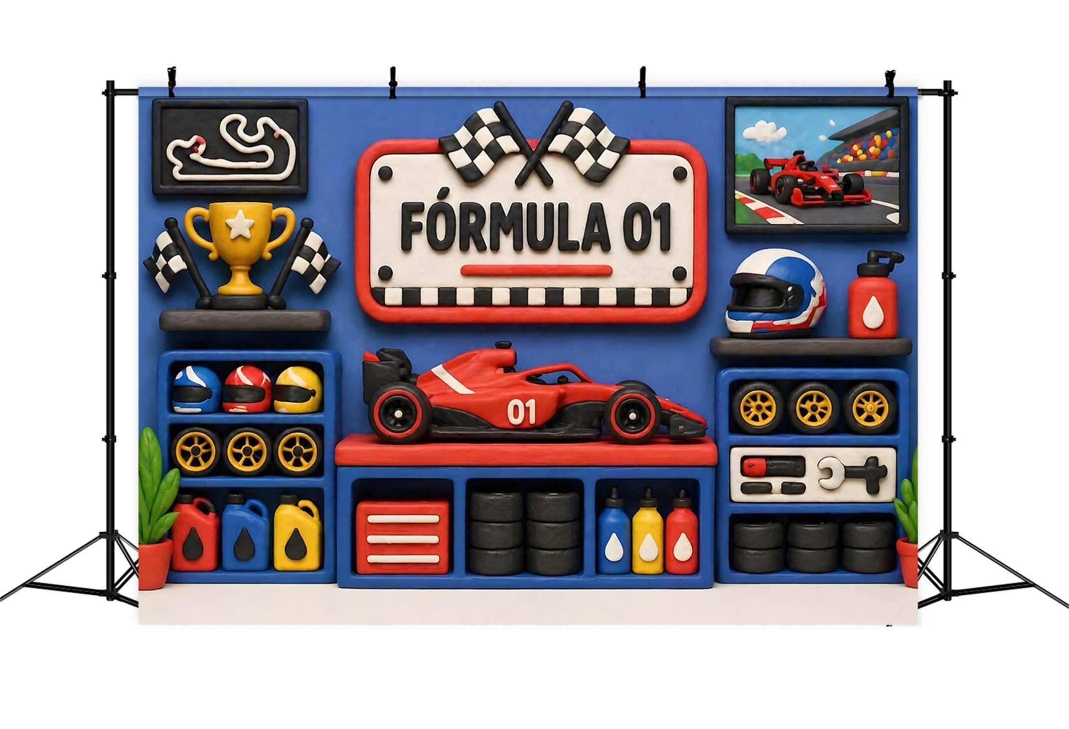 Blaue Rennsport Garage Pokalwand Baby Fotohintergrund Kinder CEM65-27