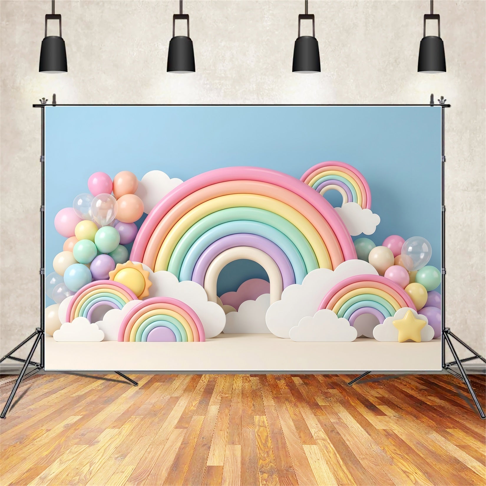 Baby Fotohintergrund Pastell Regenbogen Wolken Ballonbogen Kinder Kulisse CEM65-34