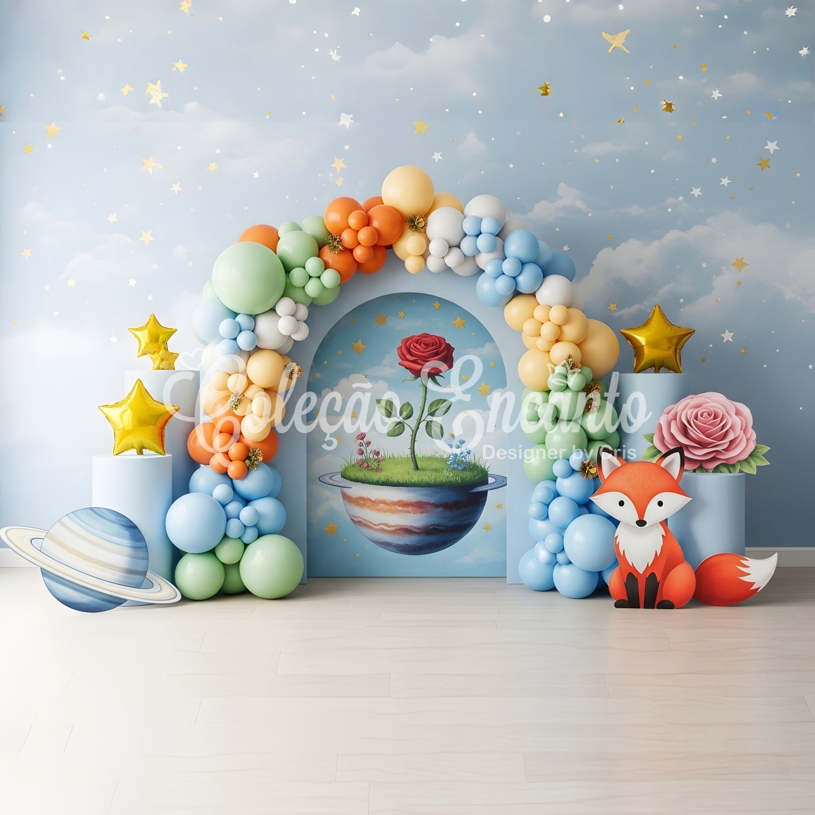 Baby Fotohintergrund Fantasie Planet Fuchs Rosenbogen Kinder Kulisse CEM65-40