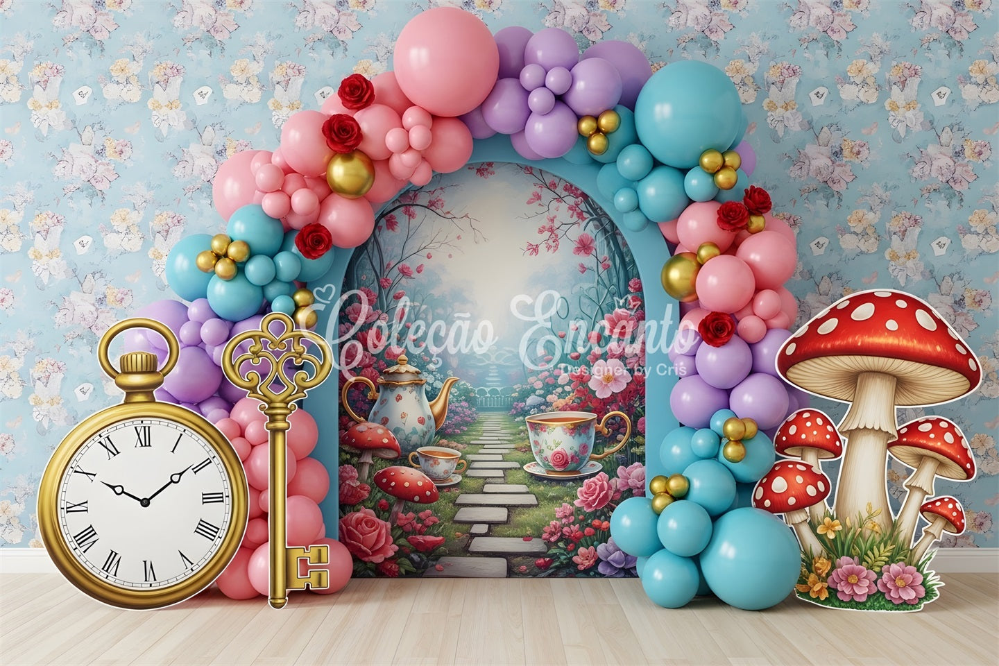 Baby Fotohintergrund Wunderland Teegarten Ballonbogen Kinder Kulisse CEM65-42